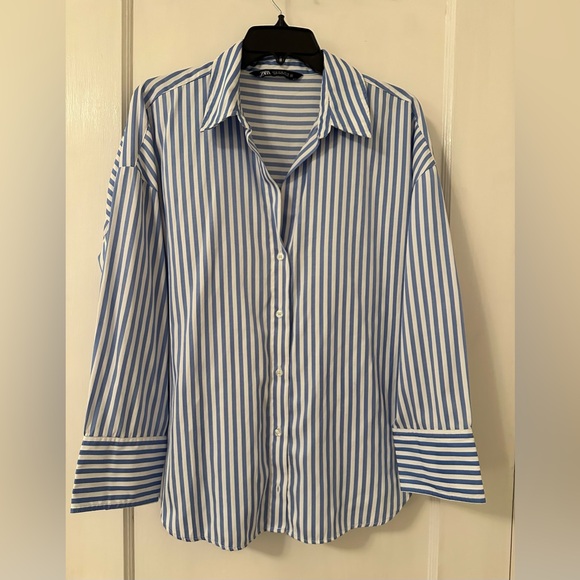 ZARA Striped Poplin Shirt. Blue White. M - Picture 4 of 7